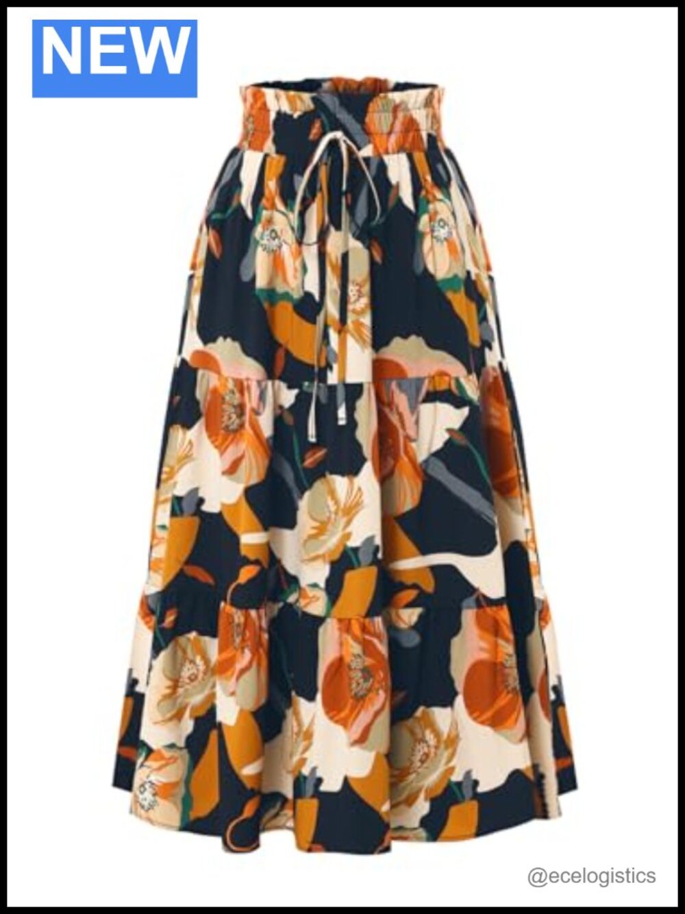 Tiered Midi Skirt Floral Elastic Waist A-Line Beach Summer Flowy
